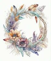 autumn wreath of flowers in boho style on white background photo