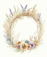 autumn wreath of flowers in boho style on white background photo