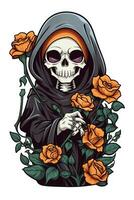 death skeleton skull in black cloak with orange roses on white background photo