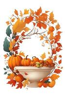 interesting autumn graphic with pumpkins and orange leaves photo