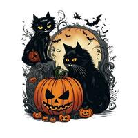 black cats and a jack-o'-lantern on a white background artwork for halloween photo