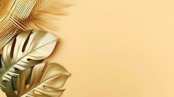 Gold colored tropical palm leaves on beige background AI Generated photo