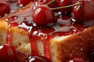 Cereza tostada, macro Disparo de un Fresco desayuno con goteo Miel, ai generado foto