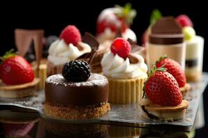 Desserts including chocolate, raspberries, Generative AI photo