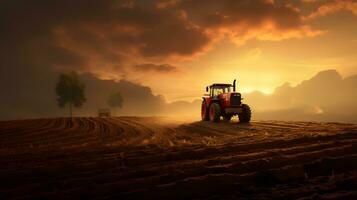 tractor arada el campo con un tractor en el puesta de sol antecedentes foto