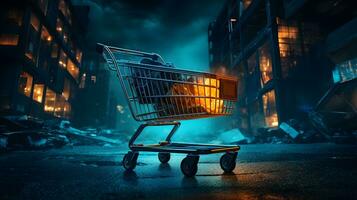 Shopping cart in the middle of the night city photo