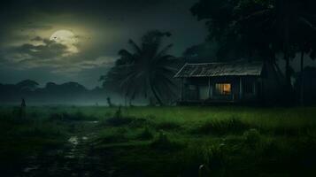 house in the rice field at night with full moon photo