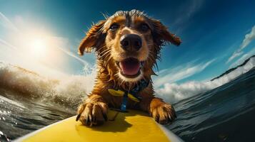Adorable dog on surfboard in the ocean at sunset. Surfing concept photo