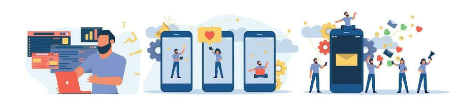 Social media share people vector trend illustration with man and woman. Person smile message concept business device. Network chat internet application. Gadget using group society banner