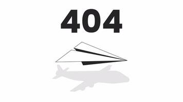 Flying paper airplane casting shadow black and white error 404 animation. Paper plane flight error message gif, motion graphic. Vision aircraft animated object linear 4K video isolated on white