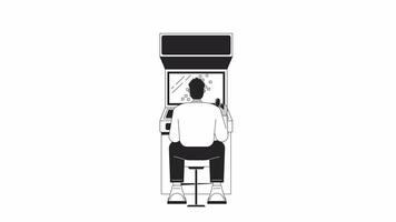 Black man sitting at arcade cabinet bw outline 2D character animation. 90s nostalgic monochrome linear cartoon 4K video. Retro gamer playing arcade game animated person isolated on white background video