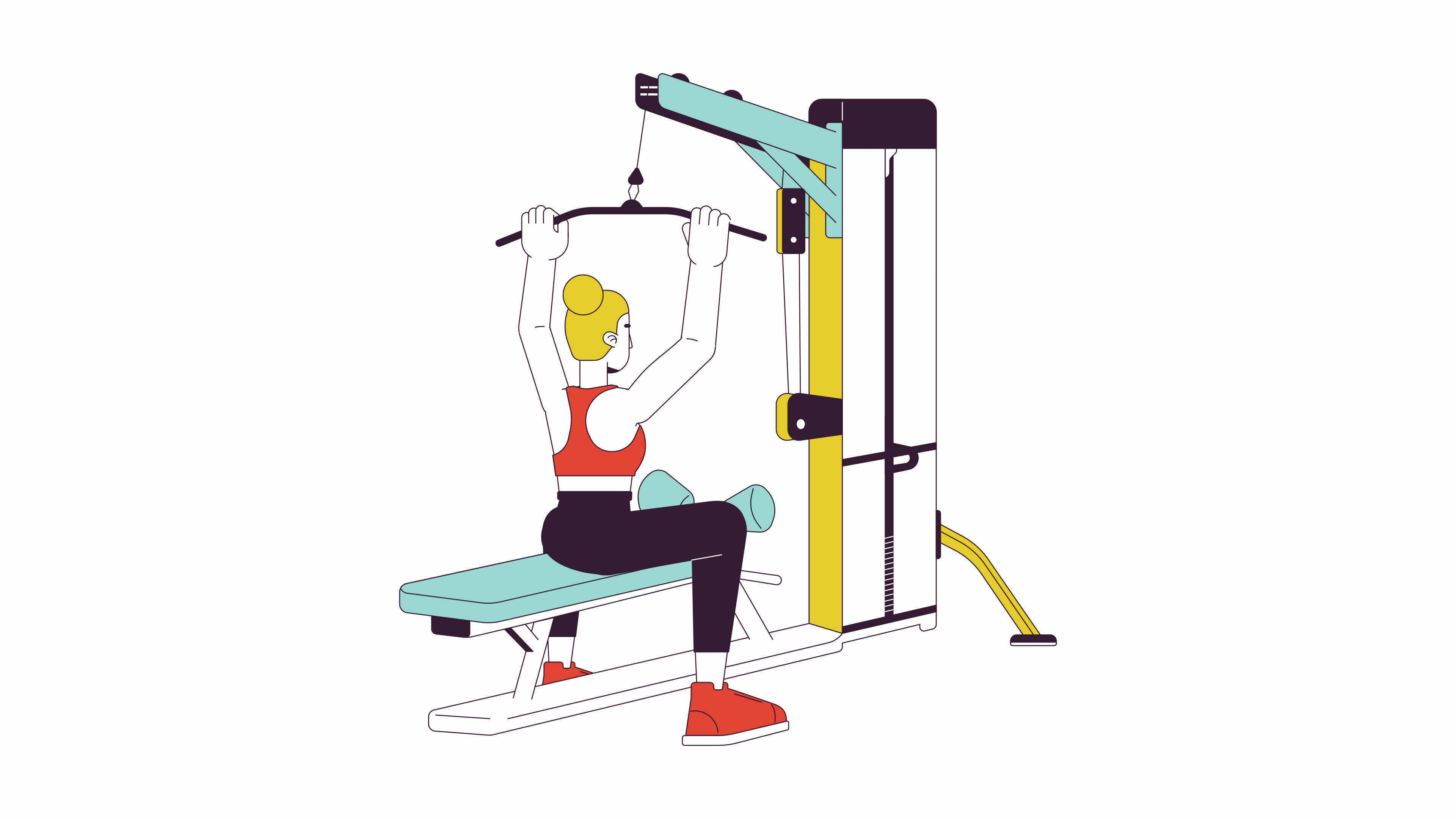 Woman pulling bar down on lat pulldown machine line cartoon animation.  Increasing back muscles 4K video motion graphic. Gym girl exercising 2D  linear animated character isolated on white background 28596026 Stock Video