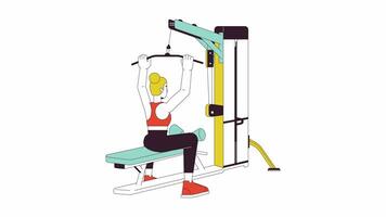 Woman pulling bar down on lat pulldown machine line cartoon animation. Increasing back muscles 4K video motion graphic. Gym girl exercising 2D linear animated character isolated on white background