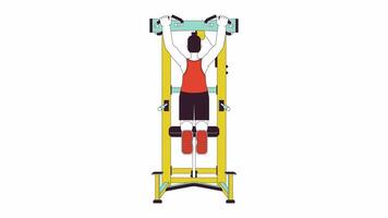 Man pulling up on pullup machine line cartoon animation. Stretching upper body 4K video motion graphic. Bodyweight exercise sportsman 2D linear animated character isolated on white background