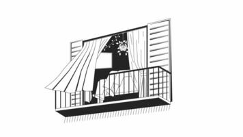 entspannend barfuß im winken Vorhänge auf Balkon bw Gliederung 2d Charakter Animation. gemütlich Balkon einfarbig linear Karikatur 4k Video. Nickerchen machen afrikanisch amerikanisch animiert Person isoliert auf Weiß video
