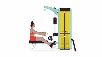 femme saisir câble attachement sur machine ligne dessin animé animation. assise rangée exercice 4k vidéo mouvement graphique. plus haut bras muscles Gym fille 2d linéaire Animé personnage isolé sur blanc Contexte video