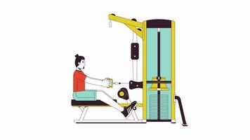 Man stretching cable on seated row machine line cartoon animation. Improving posture exercise equipment 4K video motion graphic. Guy sportsman 2D linear animated character isolated on white background