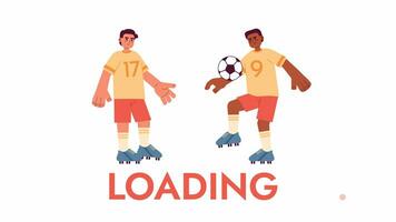 Soccer players practice 2D loading animation. Boys teen playing sports animated cartoon characters 4K video loader motion graphic. Football athlete kicking ball with knee download, upload progress gif