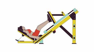 Woman bending knees on leg press machine line cartoon animation. Quadriceps exercise 4K video motion graphic. Black gym girl extending legs 2D linear animated character isolated on white background