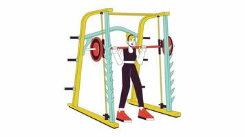 Woman squatting in weight power rack line cartoon animation. Gym girl holding barbell assisted 4K video motion graphic. Female weightlifter 2D linear animated character isolated on white background