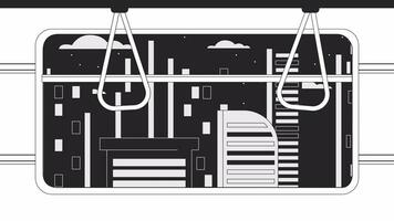 dentro metropolitana treno finestra bw schema cartone animato animazione. 4k video movimento grafico. notte paesaggio urbano su carro finestra 2d monocromatico lineare animato sfondo pieno telaio, estetico lofi vivere sfondo