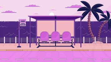Bus stop bench on twilight waterfront lo fi animated cartoon background. Waiting for bus 90s retro lofi aesthetic live wallpaper animation. Tropical city color chill scene 4K video motion graphic