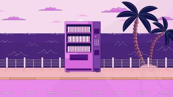 Drink vending machine on waterfront lo fi animated cartoon background. Beverage automat 90s retro lofi aesthetic live wallpaper animation. Sundown quay color chill scene 4K video motion graphic