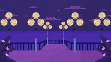 Night waterfront with streetlights lo fi animated cartoon background. Night city quay 90s retro lofi aesthetic live wallpaper animation. Flickering lampposts color chill scene 4K video motion graphic