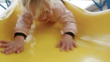 animado pequeno menina tendo Diversão em a deslizar dentro Parque infantil video