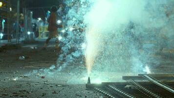 Pyrotechnics in night street of Valencia during Las Fallas festival video