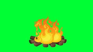 Cartoon Campfire with Flames burning firewood Green screen animation. Bonfire burning firewood Wood stove traveling, camping concept. Cartoon Rural kitchen fireplace for Cooking earthenware stove. video