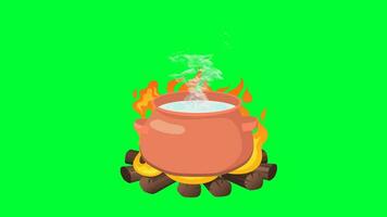 cartone animato fuoco di bivacco con un' pentola cucinando piatto crescente vapore animazione verde schermo. argilla pentola cucinando pasto fiamme ardente legna da ardere terracotta fornello. cibo cucinando e bollente caldo temperatura nel il pentola. video
