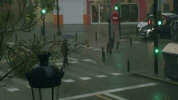 Herbst Platzregen im Valencia. alt Mann hat zu Fertig seine gehen unter Regenschirm video