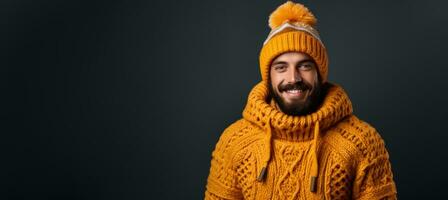 Man in full knitted cozy costume isolated on vivid background with a place for text photo