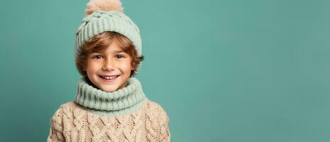 Boy in full knitted cozy costume isolated on pastel background with a place for text photo