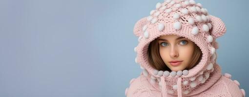 Woman in full knitted cozy costume isolated on pastel background with a place for text photo