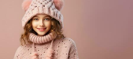 Girl in full knitted cozy costume isolated on pastel background with a place for text photo