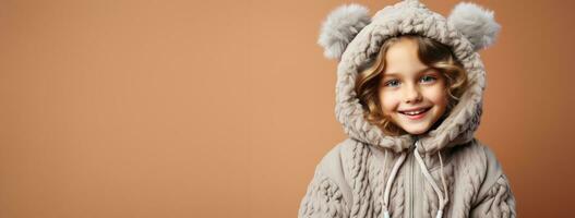 Boy in full knitted cozy costume isolated on pastel background with a place for text photo