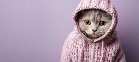 Cat in full knitted cozy costume isolated on pastel background with a place for text photo