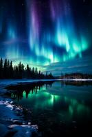 A breathtaking night sky illuminated by the dazzling hues of the Aurora Borealis a majestic background with empty space for text photo