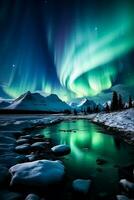 A breathtaking display of shimmering Northern Lights illuminating the Arctic landscape with a serene background perfect for adding text photo