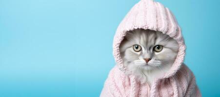 Cat in full knitted cozy costume isolated on vivid background with a place for text photo