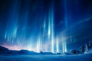 A captivating night sky displays magnificent light pillars over a winterland landscape background with empty space for text photo