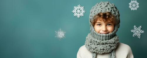 Boy in full knitted cozy costume isolated on vivid background with a place for text photo