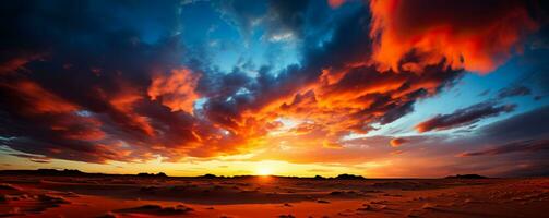 Vibrant rainbow-hued clouds hang majestically over the vast golden desert creating a breathtaking masterpiece in the sky photo