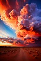 Vivid hues blend across the sky casting a mesmerizing glow over the barren desert and creating ethereal rainbow clouds photo