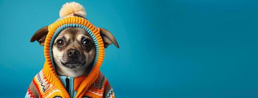 Dog in full knitted cozy costume isolated on vivid background with a place for text photo