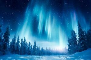 A captivating night sky displays magnificent light pillars over a winterland landscape background with empty space for text photo