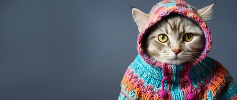 Cat in full knitted cozy costume isolated on vivid background with a place for text photo