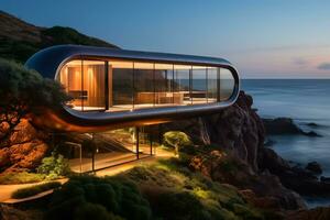 cápsula casa encaramado en el borde de un dramático acantilado con Oceano puntos de vista foto